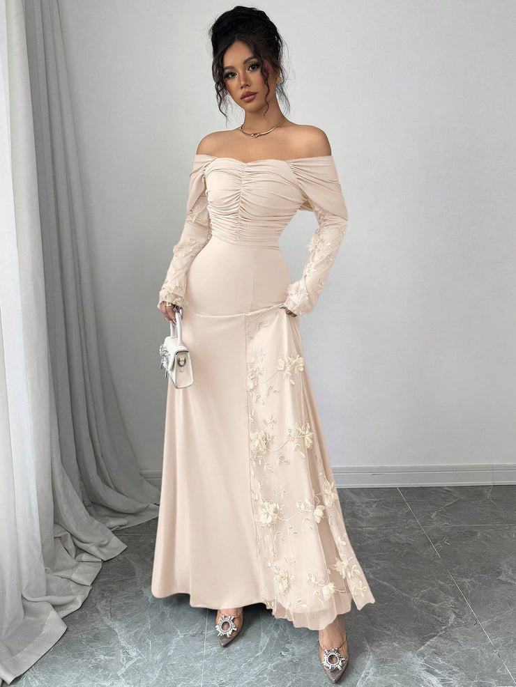 Modelyn Mesh Off Shoulder Pleated Fitted Long Sleeve Dress For Women