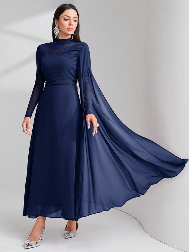Modelyn Burgundy Red Contrast Mesh Ruched Dress With Sleeves Dress Long Evening Dresses