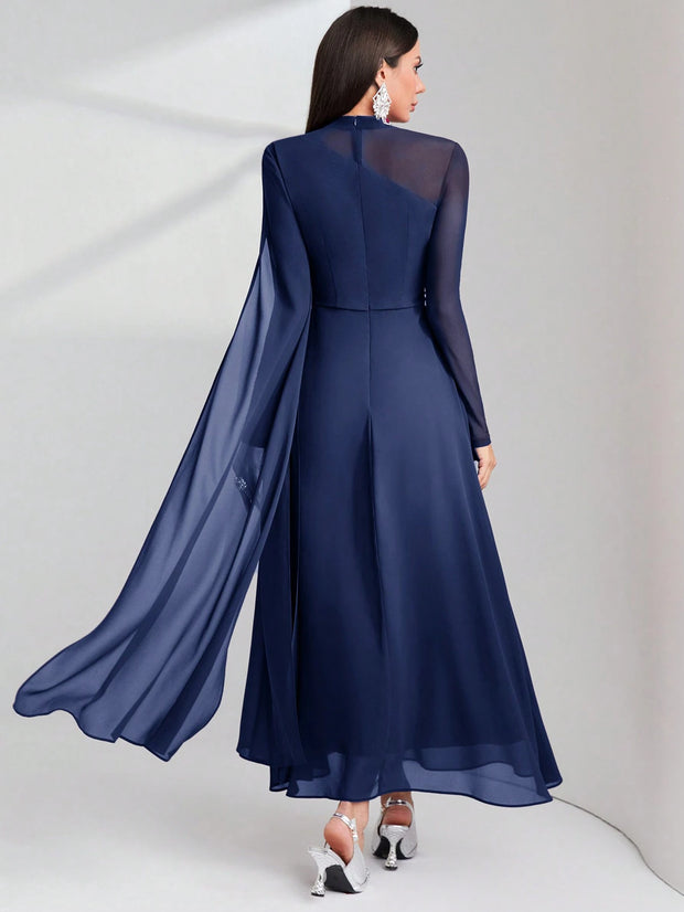 Modelyn Burgundy Red Contrast Mesh Ruched Dress With Sleeves Dress Long Evening Dresses