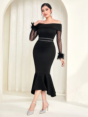 Modelyn Off Shoulder Contrast Mesh Fuzzy Cuff Mermaid Hem Dress Long Evening Dresses