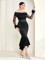 Modelyn Off Shoulder Contrast Mesh Fuzzy Cuff Mermaid Hem Dress Long Evening Dresses