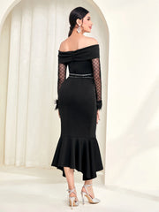 Modelyn Off Shoulder Contrast Mesh Fuzzy Cuff Mermaid Hem Dress Long Evening Dresses