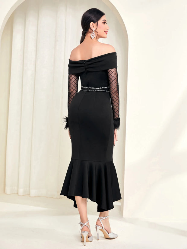 Modelyn Off Shoulder Contrast Mesh Fuzzy Cuff Mermaid Hem Dress Long Evening Dresses