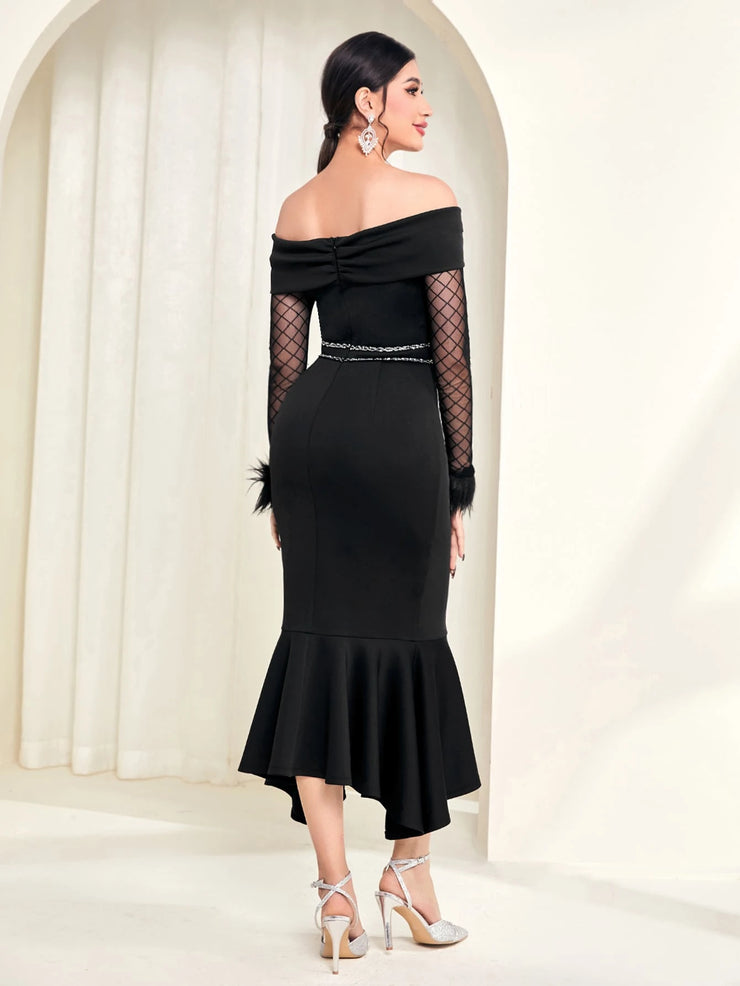Modelyn Off Shoulder Contrast Mesh Fuzzy Cuff Mermaid Hem Dress Long Evening Dresses
