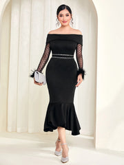 Modelyn Off Shoulder Contrast Mesh Fuzzy Cuff Mermaid Hem Dress Long Evening Dresses