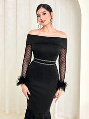 Modelyn Off Shoulder Contrast Mesh Fuzzy Cuff Mermaid Hem Dress Long Evening Dresses