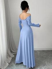 Modelyn Mesh Off Shoulder Pleated Fitted Long Sleeve Dress For Women