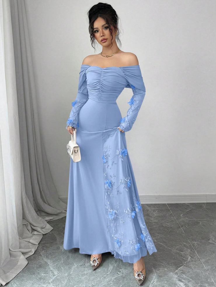 Modelyn Mesh Off Shoulder Pleated Fitted Long Sleeve Dress For Women