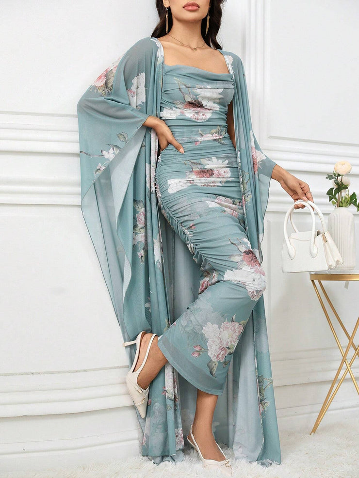 Modelyn Women 2pcs Set - Floral Print Pleated Dress & Front Open Cardigan Jacket 2 Pieces Set