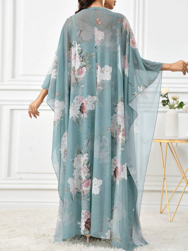 Modelyn Women 2pcs Set - Floral Print Pleated Dress & Front Open Cardigan Jacket 2 Pieces Set