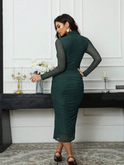 Seusyu Women's Solid Color Minimalist Long Sleeve Mesh Dress Maxi