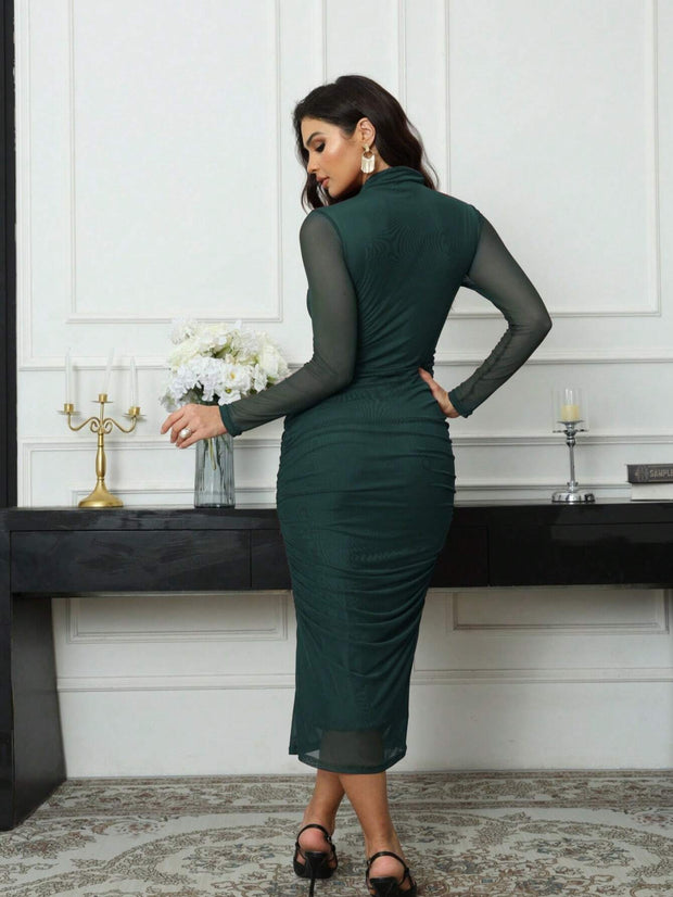 Seusyu Women's Solid Color Minimalist Long Sleeve Mesh Dress Maxi