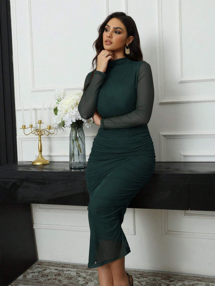 Seusyu Women's Solid Color Minimalist Long Sleeve Mesh Dress Maxi
