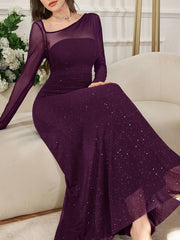 Modelyn Women's Long Mesh Sequin Patchwork Asymmetrical Neckline Waist Fitted Dress