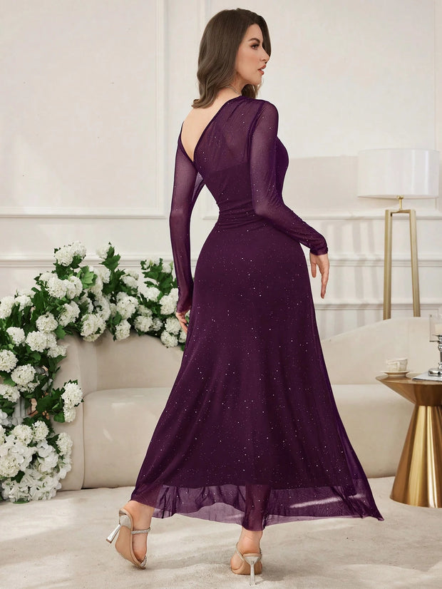 Modelyn Women's Long Mesh Sequin Patchwork Asymmetrical Neckline Waist Fitted Dress