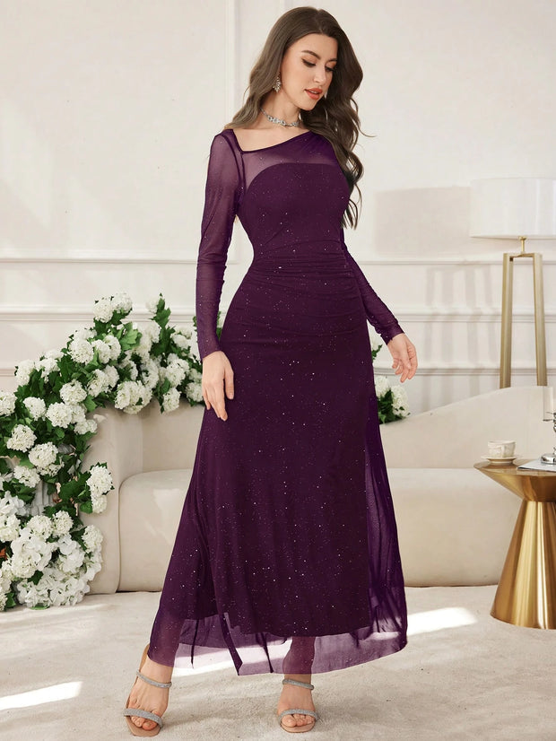 Modelyn Women's Long Mesh Sequin Patchwork Asymmetrical Neckline Waist Fitted Dress