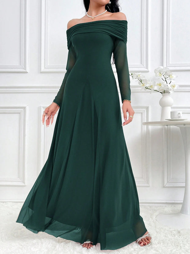 Modelyn Women's Elegant Solid Color Off Shoulder Dress Long Dresses