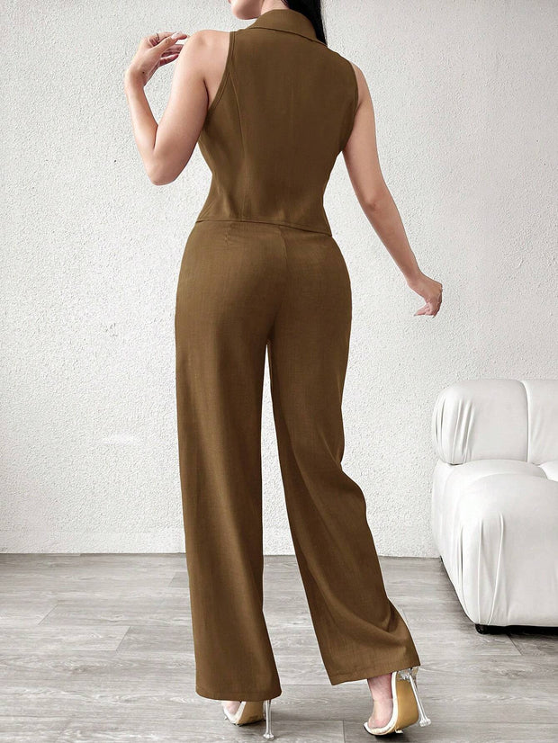 Modelyn Women's Casual/Commute Solid Color Double-Breasted Vest And Pants Suit Set