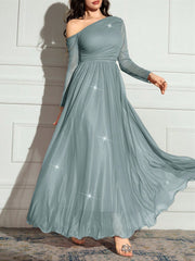 Modelyn Women's Solid Color Asymmetrical Neck Sparkly Glamorous Elegant Dress.