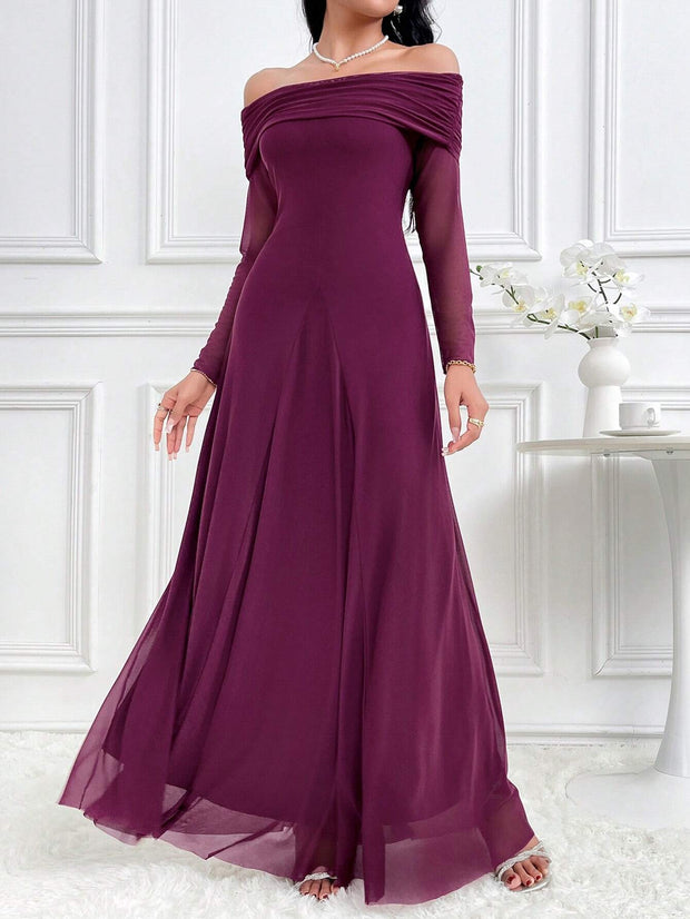 Modelyn Women's Elegant Solid Color Off Shoulder Dress Long Dresses