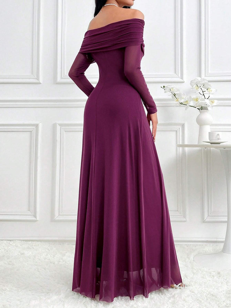 Modelyn Women's Elegant Solid Color Off Shoulder Dress Long Dresses