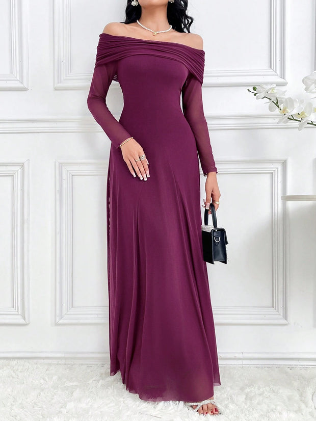 Modelyn Women's Elegant Solid Color Off Shoulder Dress Long Dresses