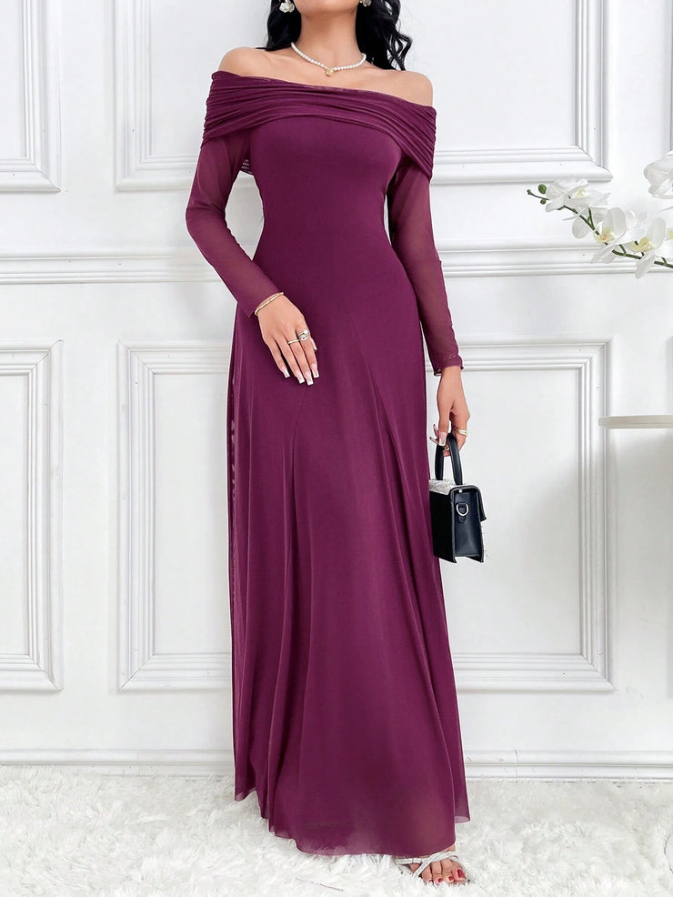 Modelyn Women's Elegant Solid Color Off Shoulder Dress Long Dresses