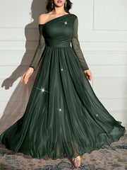 Modelyn Women's Solid Color Asymmetrical Neck Sparkly Glamorous Elegant Dress.