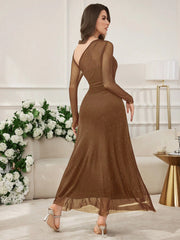 Modelyn Women's Long Mesh Sequin Patchwork Asymmetrical Neckline Waist Fitted Dress