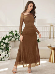 Modelyn Women's Long Mesh Sequin Patchwork Asymmetrical Neckline Waist Fitted Dress
