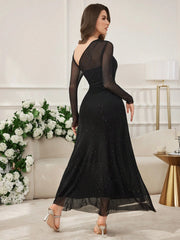 Modelyn Women's Long Mesh Sequin Patchwork Asymmetrical Neckline Waist Fitted Dress
