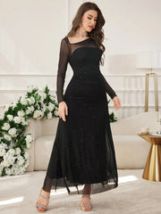 Modelyn Women's Long Mesh Sequin Patchwork Asymmetrical Neckline Waist Fitted Dress