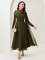 Modelyn Burgundy Red Contrast Mesh Ruched Dress With Sleeves Dress Long Evening Dresses