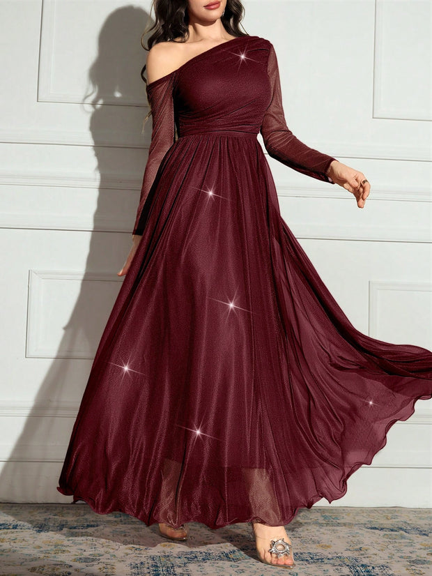 Modelyn Women's Solid Color Asymmetrical Neck Sparkly Glamorous Elegant Dress.