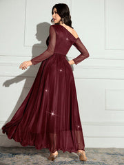 Modelyn Women's Solid Color Asymmetrical Neck Sparkly Glamorous Elegant Dress.