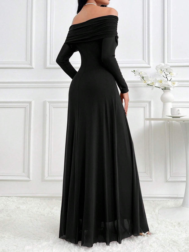 Modelyn Women's Elegant Solid Color Off Shoulder Dress Long Dresses