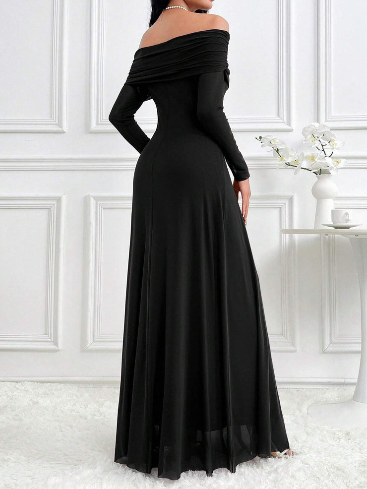 Modelyn Women's Elegant Solid Color Off Shoulder Dress Long Dresses