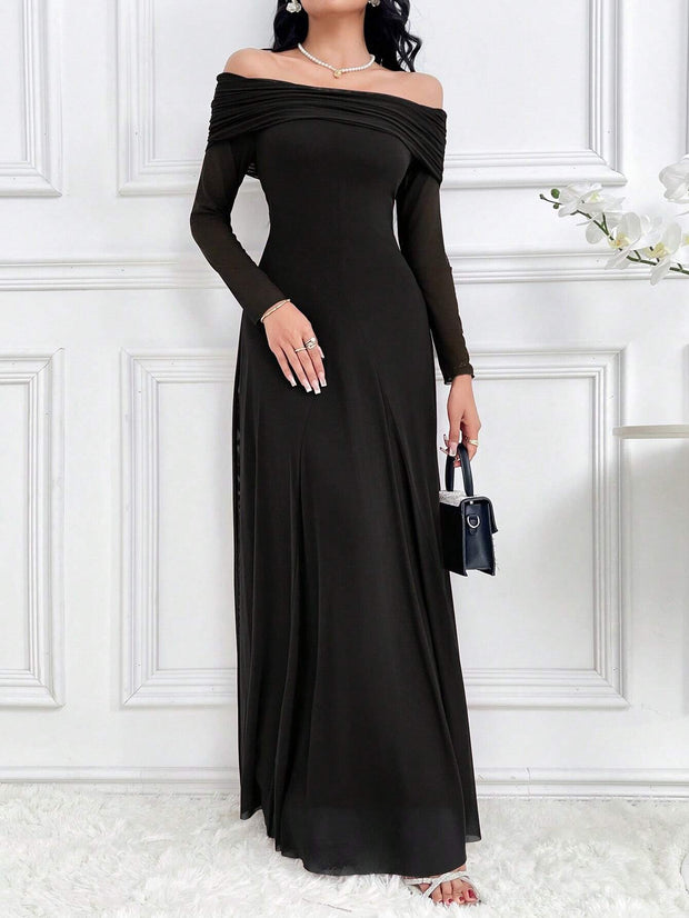 Modelyn Women's Elegant Solid Color Off Shoulder Dress Long Dresses