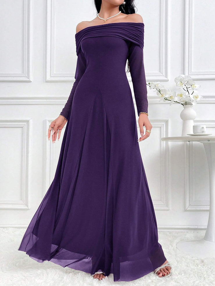 Modelyn Women's Elegant Solid Color Off Shoulder Dress Long Dresses