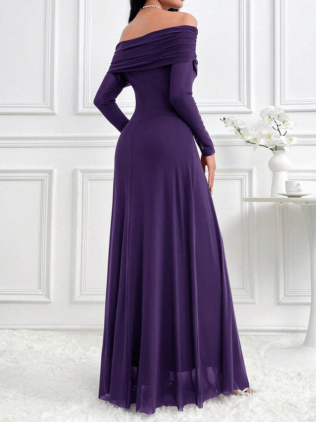 Modelyn Women's Elegant Solid Color Off Shoulder Dress Long Dresses