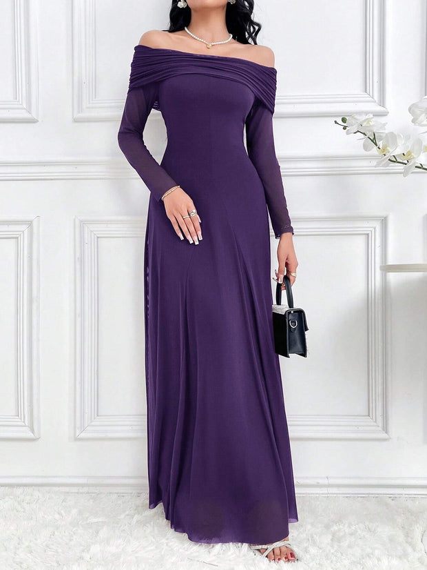 Modelyn Women's Elegant Solid Color Off Shoulder Dress Long Dresses