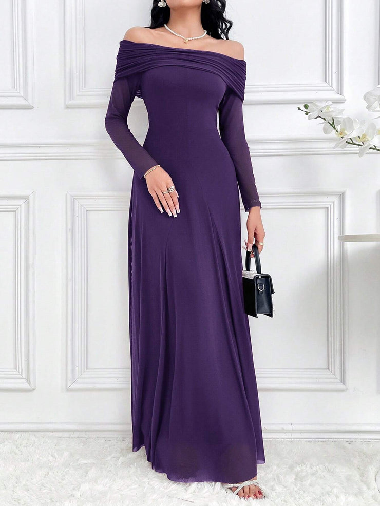 Modelyn Women's Elegant Solid Color Off Shoulder Dress Long Dresses