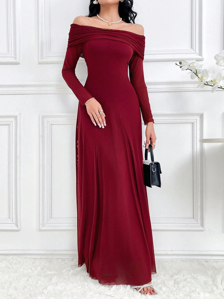 Modelyn Women's Elegant Solid Color Off Shoulder Dress Long Dresses