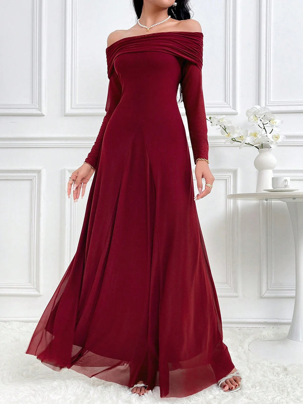 Modelyn Women's Elegant Solid Color Off Shoulder Dress Long Dresses