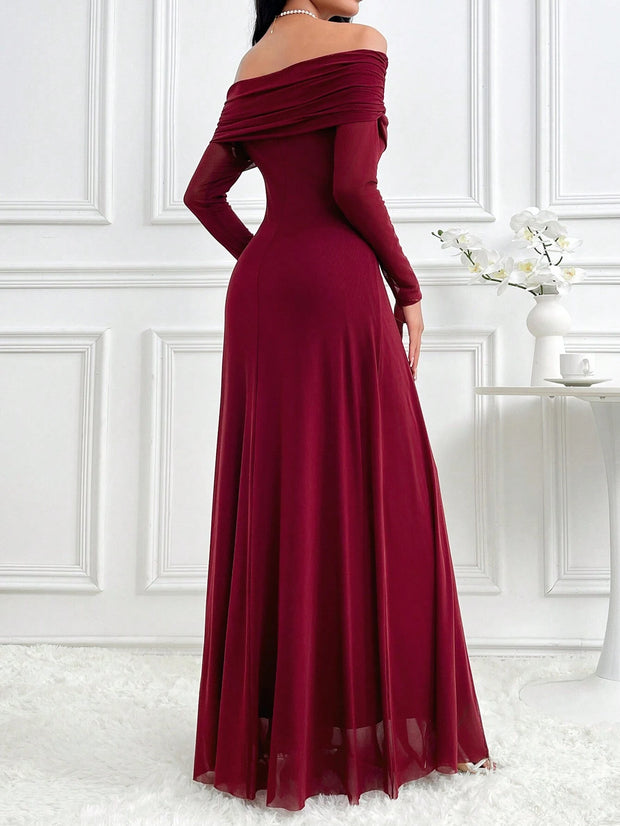 Modelyn Women's Elegant Solid Color Off Shoulder Dress Long Dresses