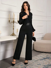 Modelyn Women's Solid Color Peter Pan Collar Pleated Lantern Sleeve Wide Leg Elegant Jumpsuit