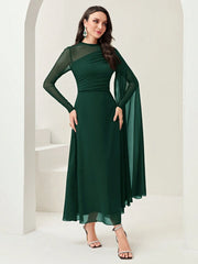 Modelyn Burgundy Red Contrast Mesh Ruched Dress With Sleeves Dress Long Evening Dresses