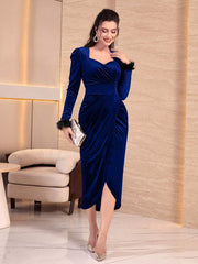 Modely Fuzzy Cuff Sweetheart Neck Wrap Hem Velvet Dress - Hues