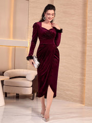 Modely Fuzzy Cuff Sweetheart Neck Wrap Hem Velvet Dress - Hues