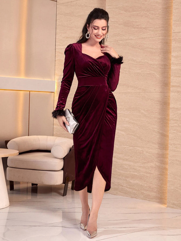 Modely Fuzzy Cuff Sweetheart Neck Wrap Hem Velvet Dress - Hues